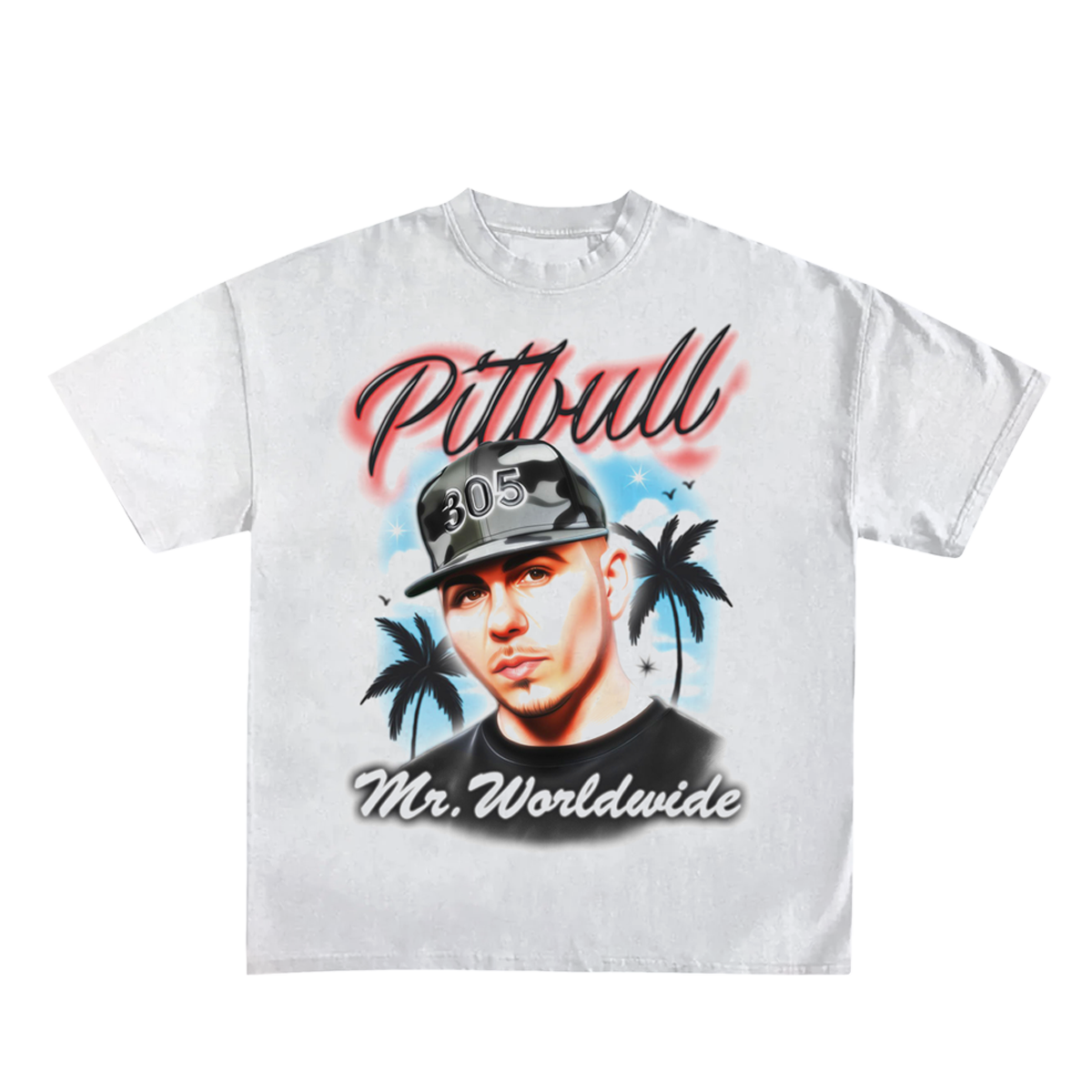 White t-shirt with a graphic of Pitbull wearing a hat that has 305 on the front and palm trees in the background, with 'Pittbull Mr. Worldwide' text.