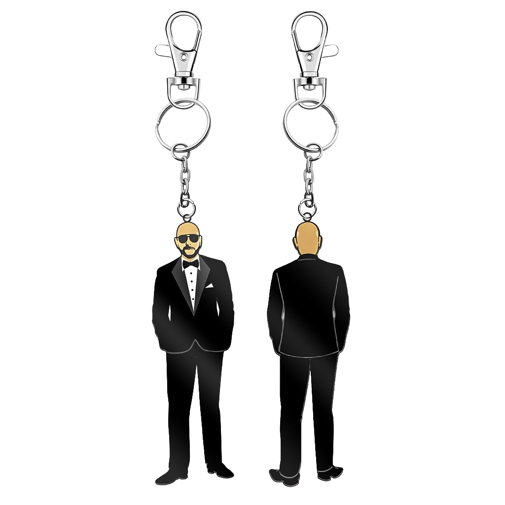 Keychains featuring Pitbull in a black tuxedo, one shown from the front and the other from the back, each attached to a silver lobster clasp and split ring.