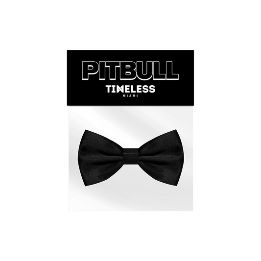 Black bow tie in packaging with 'Pitbull Timeless Miami' branding. 