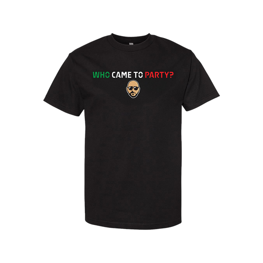 Black t-shirt with pitbull's face and text "who came to party?"