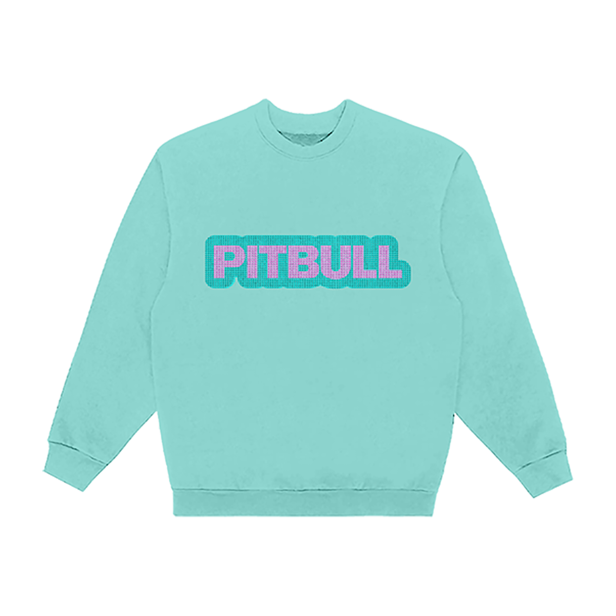 A mint green crewneck sweatshirt featuring the word 'PITBULL' printed across the chest in a pink-to-blue gradient with a dark outline.
