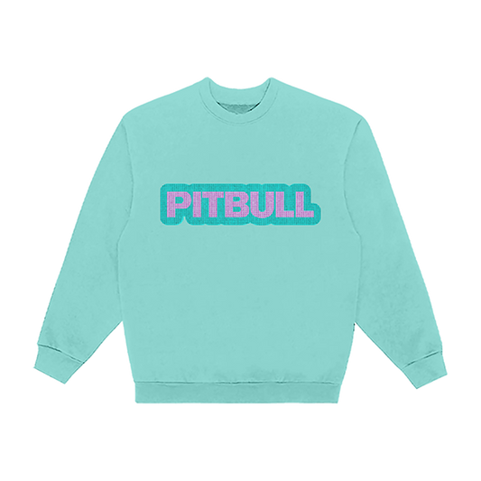A mint green crewneck sweatshirt featuring the word 'PITBULL' printed across the chest in a pink-to-blue gradient with a dark outline.