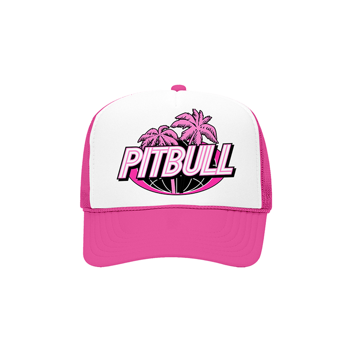 Pink and white cap with 'PITBULL' text and palm tree design on a white background