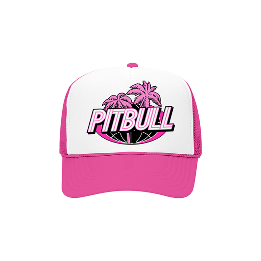 Pink and white cap with 'PITBULL' text and palm tree design on a white background