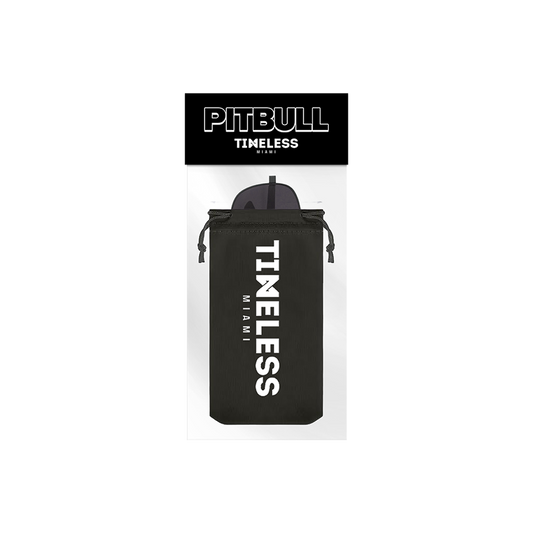 Black sunglasses case with 'Pitbull Timeless Miami' branding. 